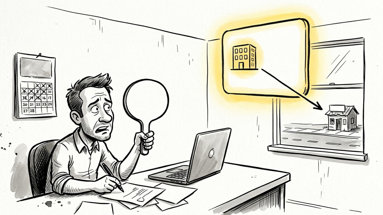 Ink cartoon of a PPC auction paddle beside an AI answer quoting a smaller rival