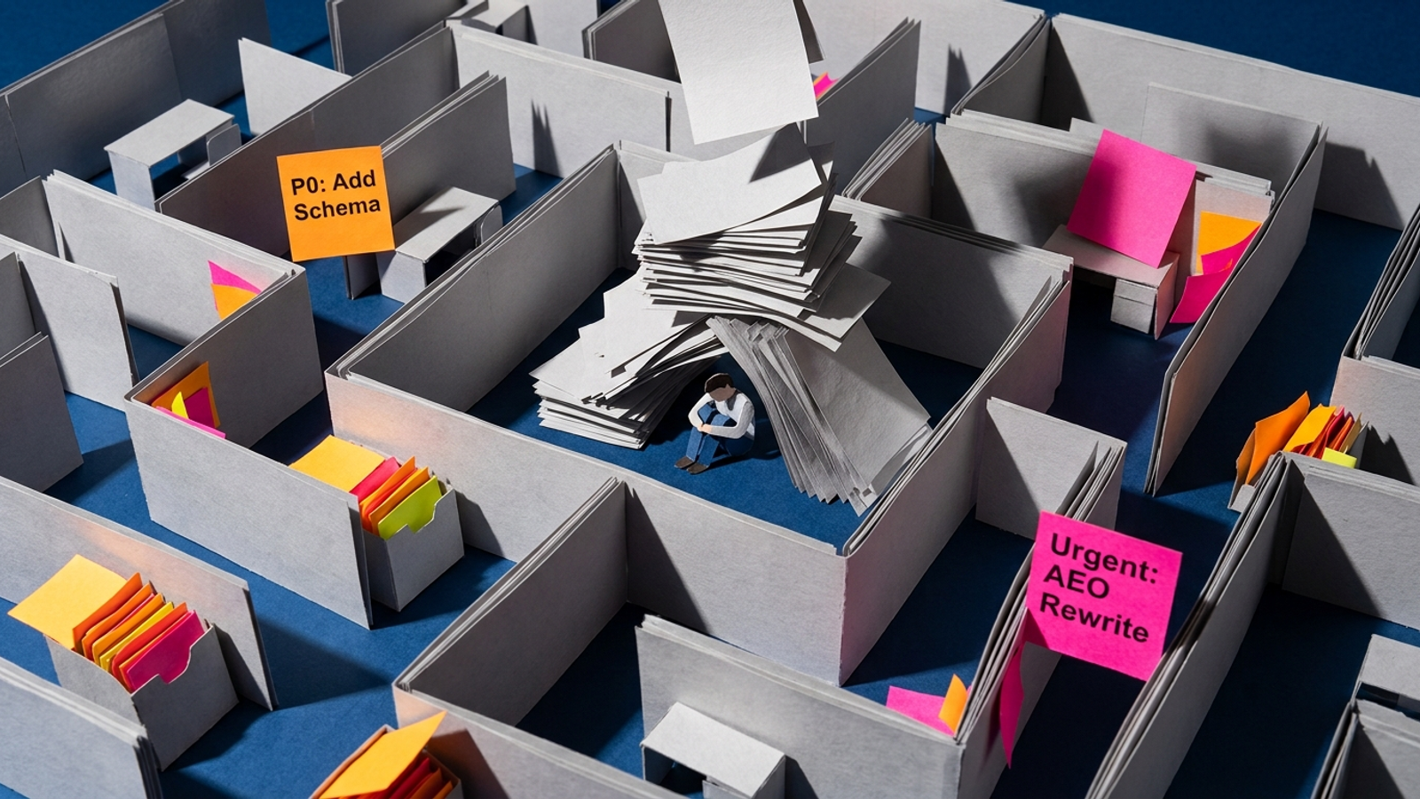 Layered paper craft model of a backlog maze filled with unassigned sticky notes and code brackets.