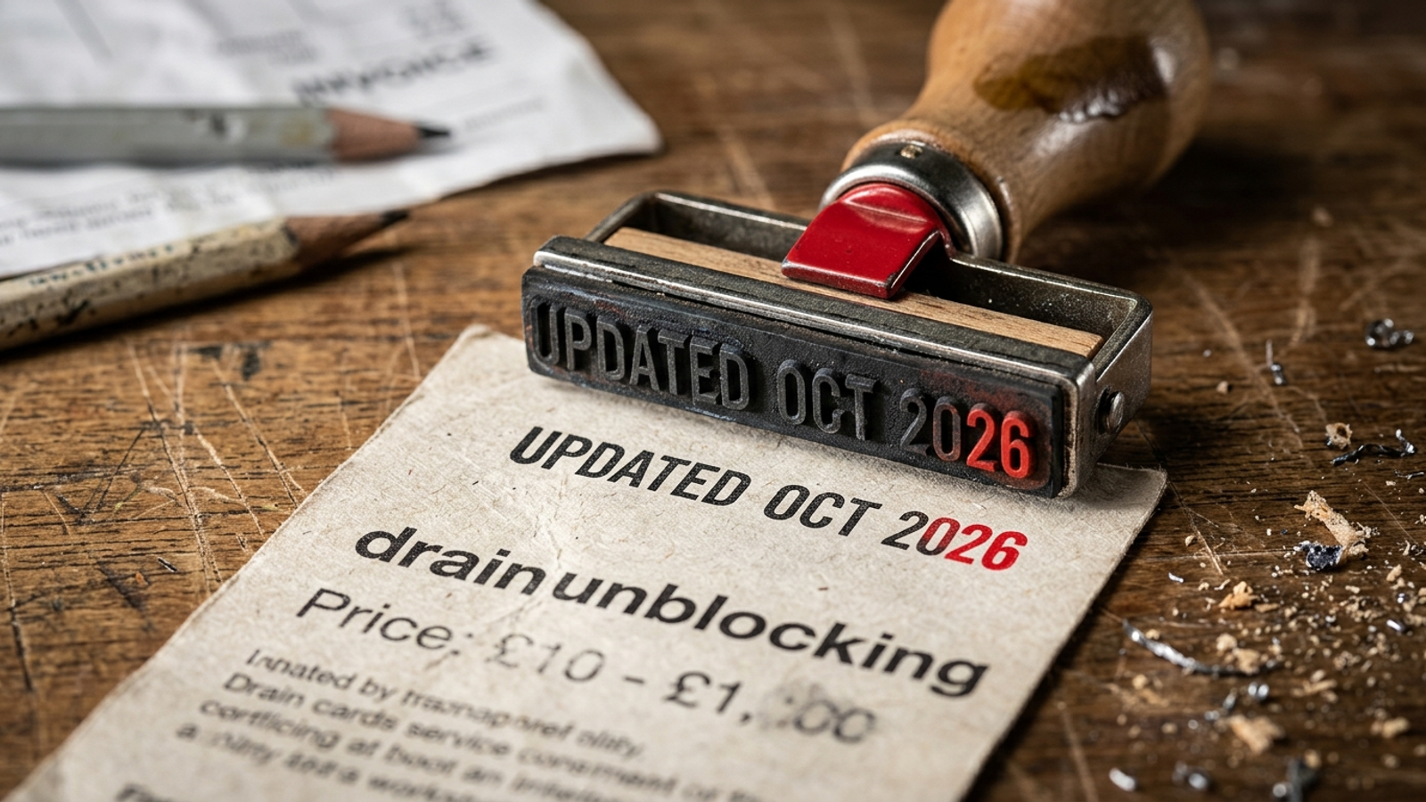 Close-up studio photo of a rubber date stamp hitting a service price card