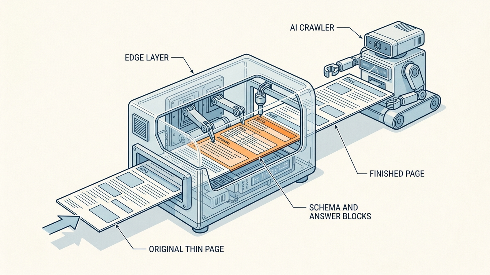 Cutaway diagram showing an edge proxy layer changing a page before crawlers read it