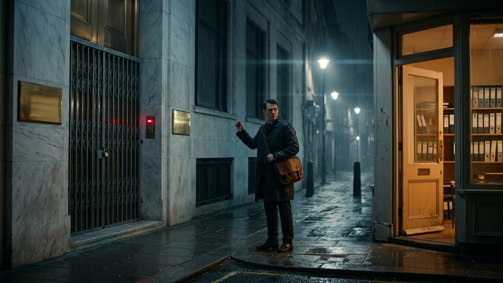 A night courier turns away from a grand headquarters shuttered behind a grille toward a small shop with its door open, the one that will get the visit.