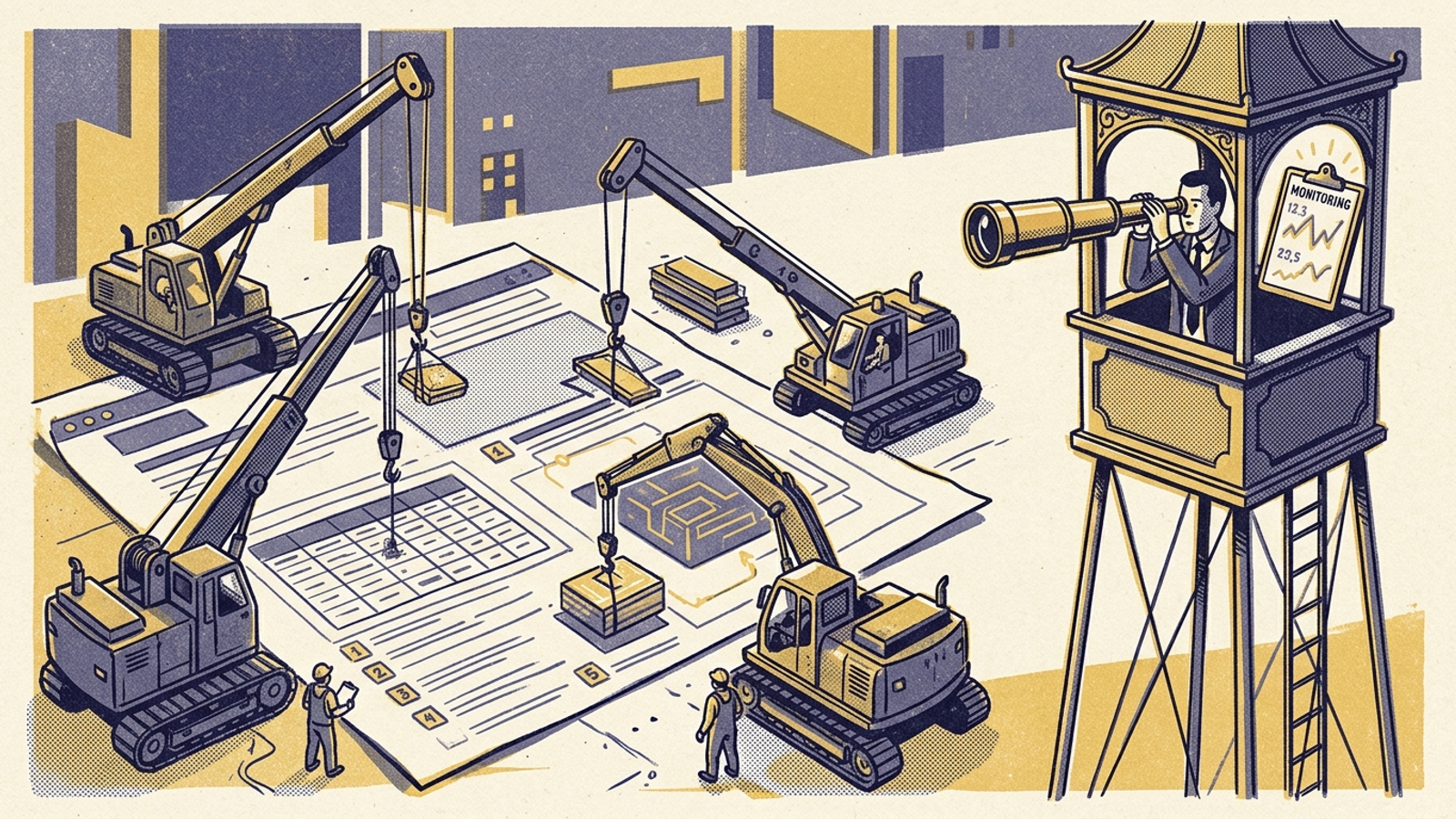 An observer charts falling scores while cranes below add factual tables and structured data to a web page.