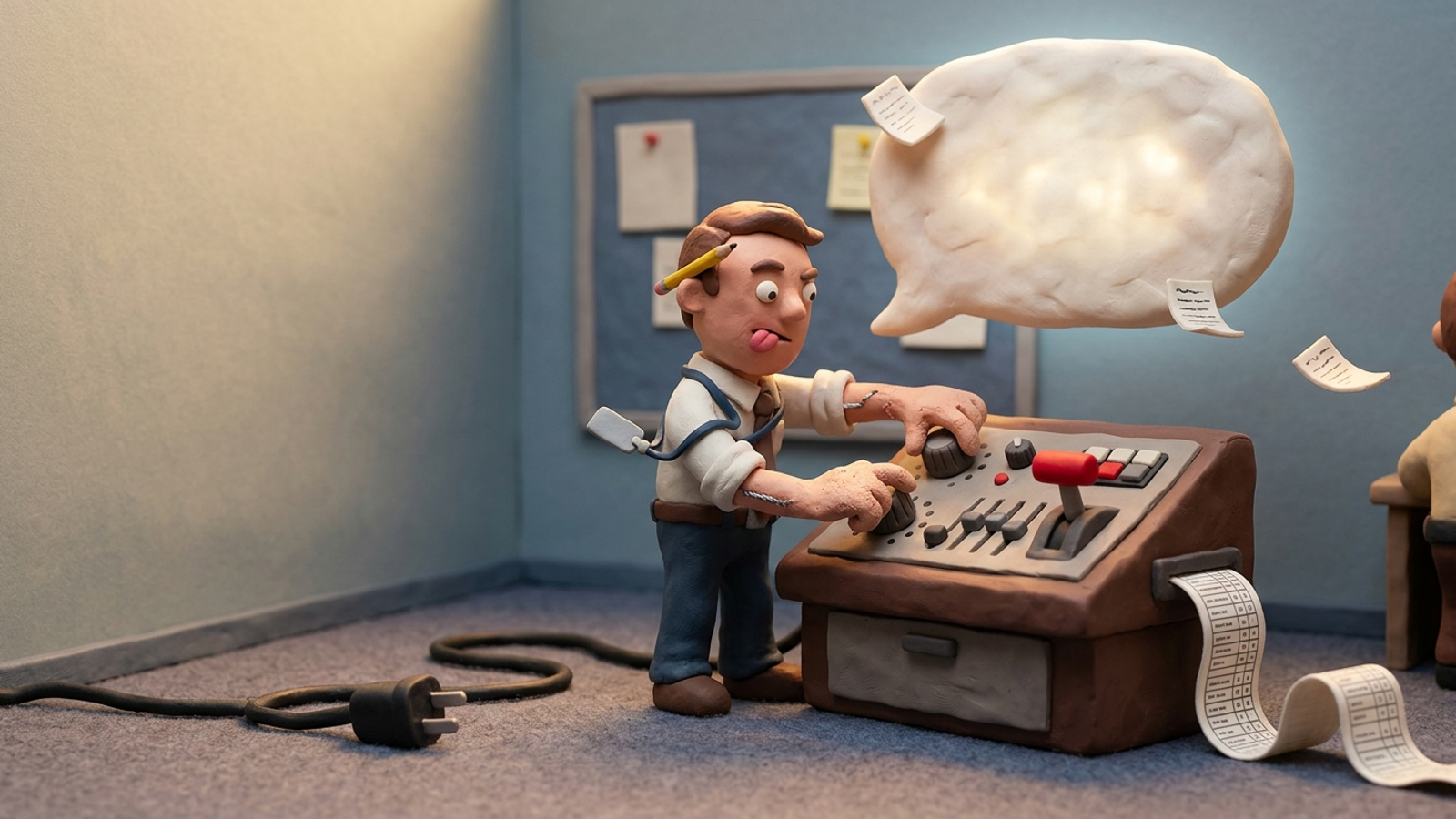Clay marketer frantically twists dials on an unplugged control console while a glowing AI answer bubble floats above, ignoring his settings.