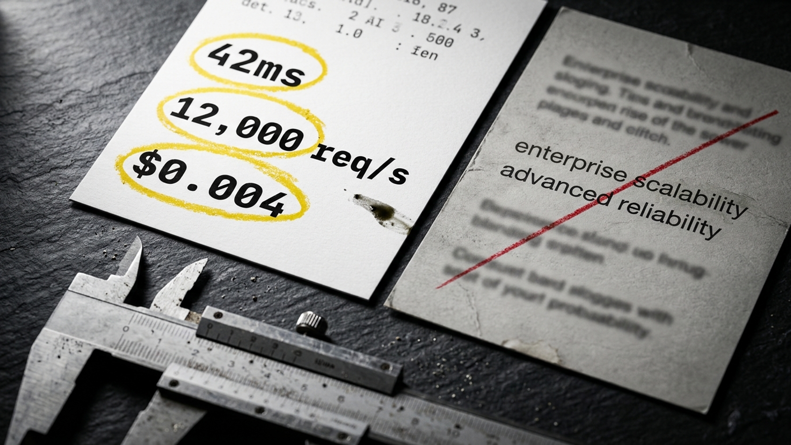 Product cards contrasting exact metrics with vague marketing language.