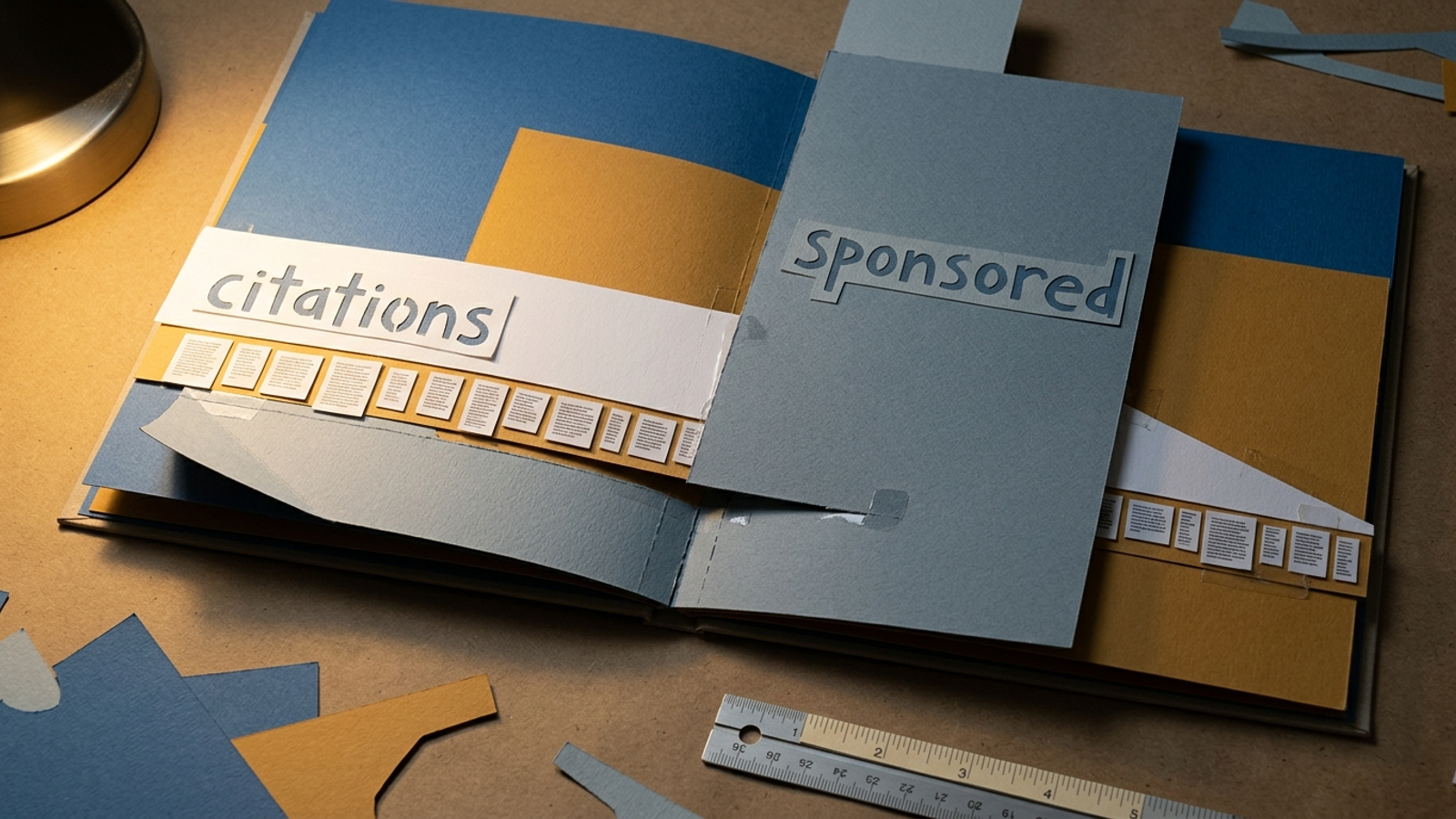 Paper craft timeline showing citation space alongside growing paid ad blocks