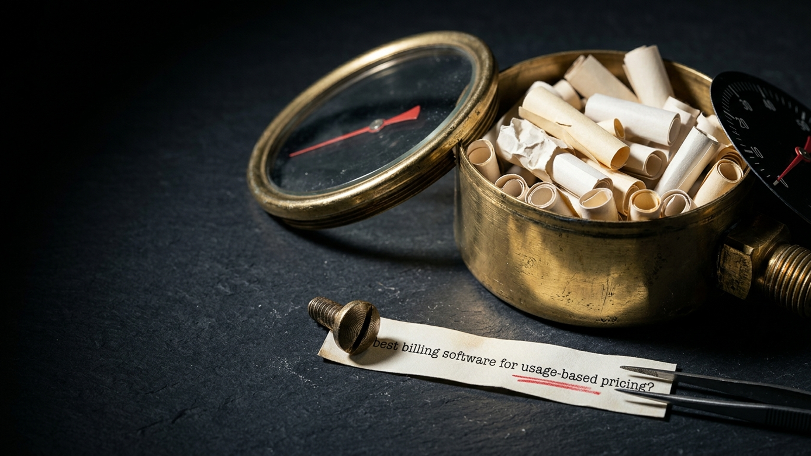 An old brass gauge pried open to show it is stuffed with rolled paper prompts, one unrolled beside it: the score hides the questions behind it.