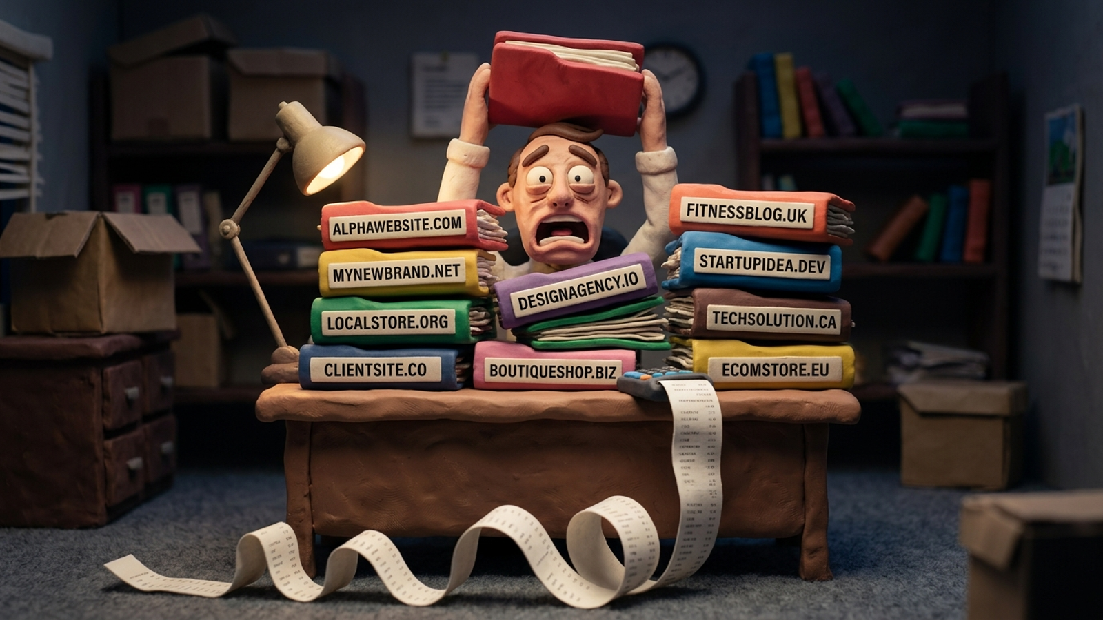 Claymation accountant staring at ten client folders burying his desk