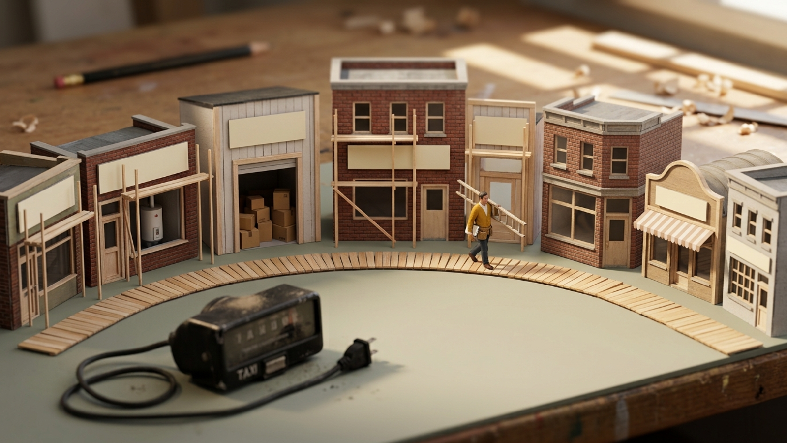 A tabletop model town of ten shops under renovation, tended by one tiny manager with a ladder, while an unplugged taxi meter lies abandoned outside.