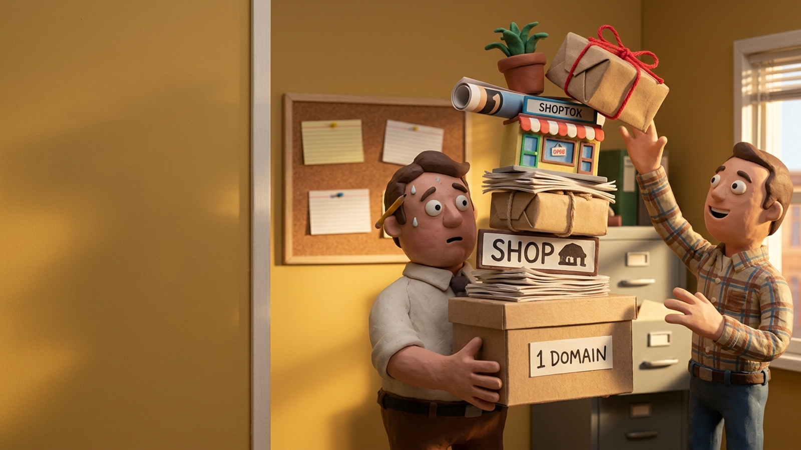 Clay figure holds a box labelled '1 DOMAIN' while a smiling client piles on a wobbling tower of extra parcels: scope creep eating a flat retainer.