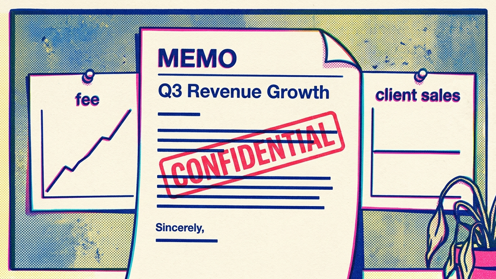 A confidential internal memo beside charts of rising budgets and flat sales.