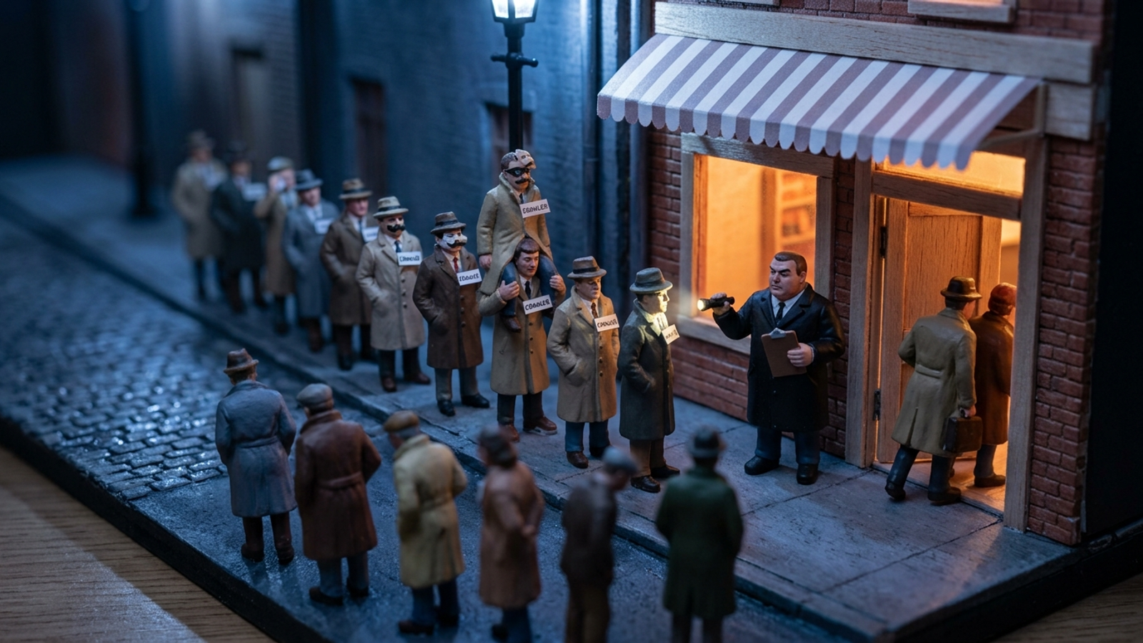 Tabletop model of a bouncer checking a long queue of figures all tagged "CRAWLER", turning most away: claimed bot visits aren't verified ones.