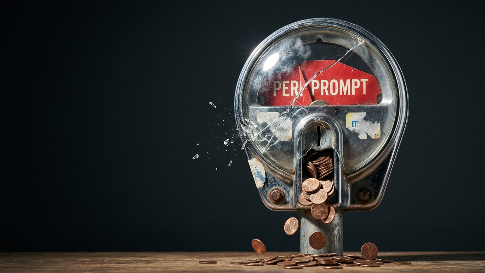 A chrome parking meter flagged "PER PROMPT" spills pennies as its glass dome cracks, suggesting per-prompt pricing is about to break.