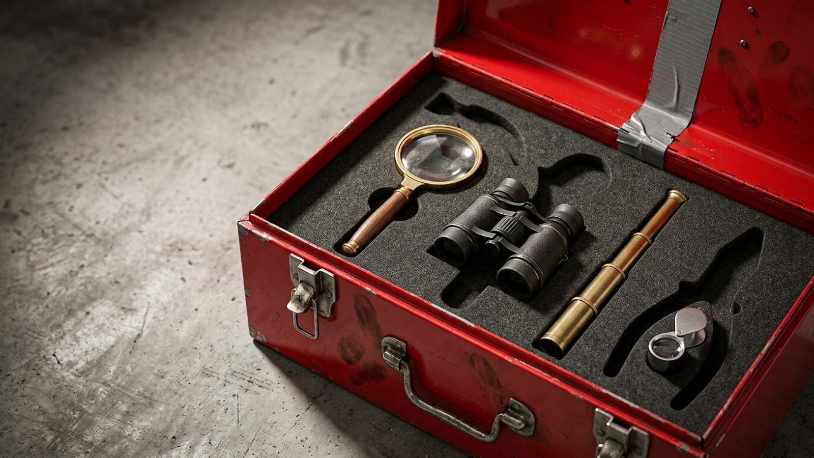 An open red toolbox whose hammer and wrench foam slots hold magnifying glasses and binoculars: tools for looking at problems, not fixing them.