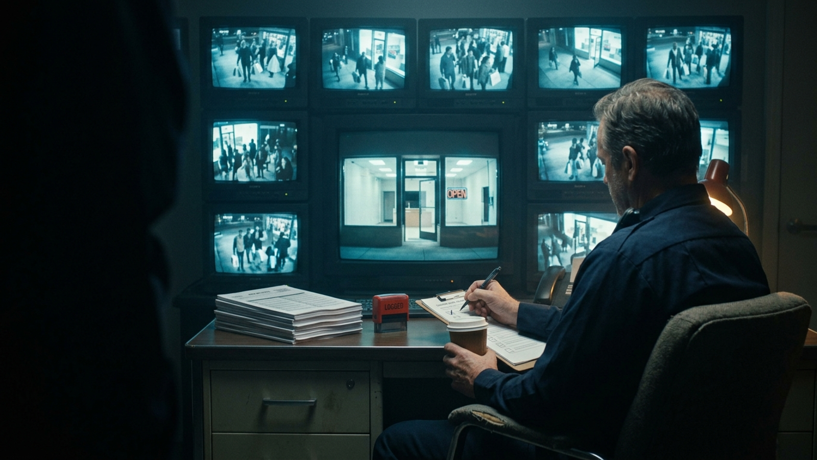 A security guard watches monitors of a rival shop packed with customers while his own empty store fills the centre screen, dutifully logging, doing nothing.