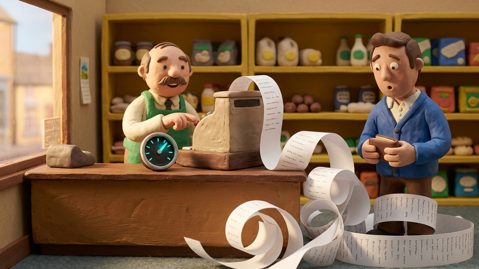 Clay shopkeeper sells a tiny dashboard gauge as the register spews an endless receipt burying the customer, showing the tool is the smallest cost.