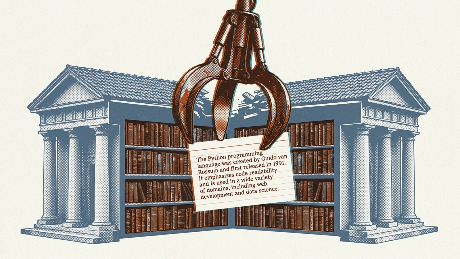 A mechanical claw lifts one typed index card from a library while leaving the surrounding books untouched.