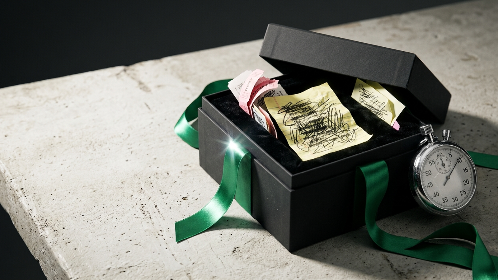 A luxury gift box with an emerald ribbon opens to reveal only a crumpled to-do list and tickets: a platform that hands you work instead of shipping it.