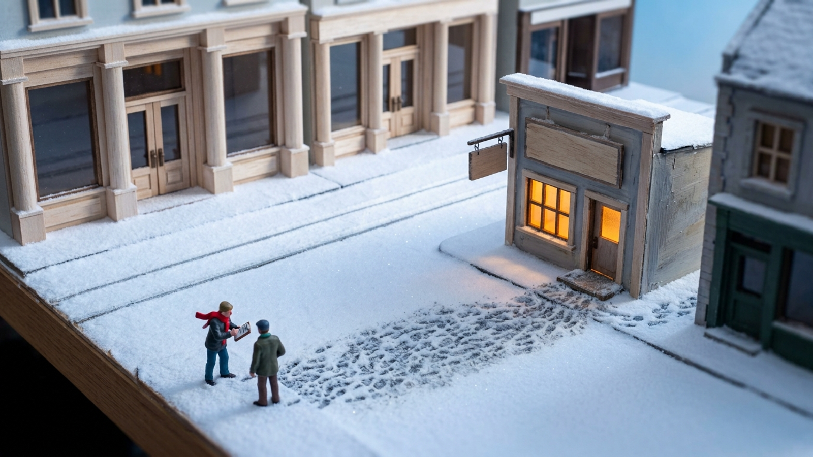 Tiny snowy model town: grand shops sit in untouched snow while footprints crowd one small shop, and a man with a clipboard surveys passers-by, facing away.