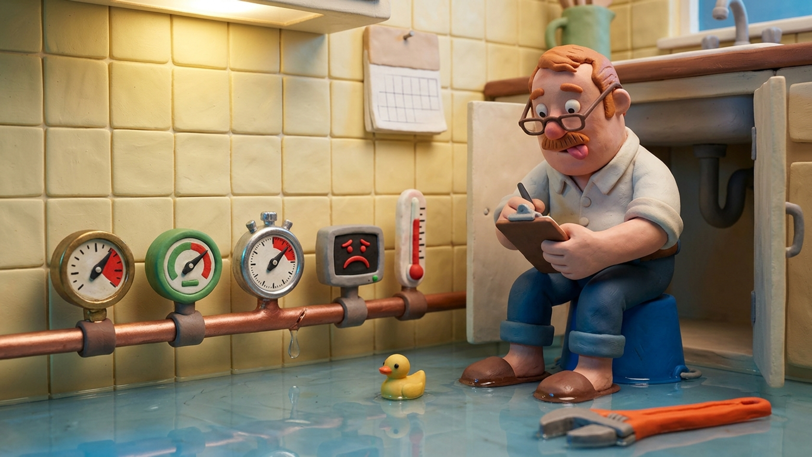 Clay figure diligently logs readings from five gauges on a leaking pipe as water floods his ankles, ignoring the wrench that would actually fix it.