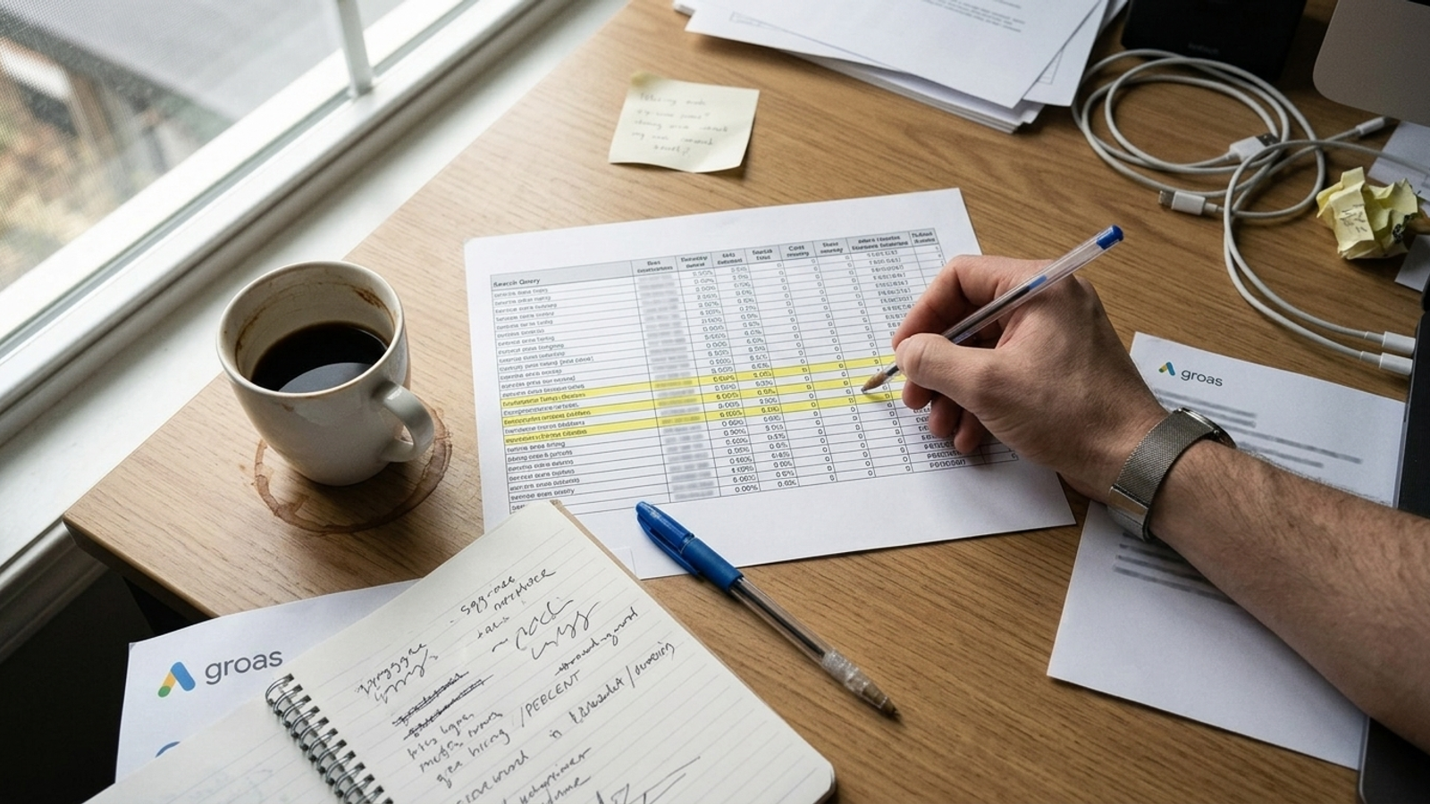 A printed prompt-tracking spreadsheet beside a highlighter and a cup of coffee.