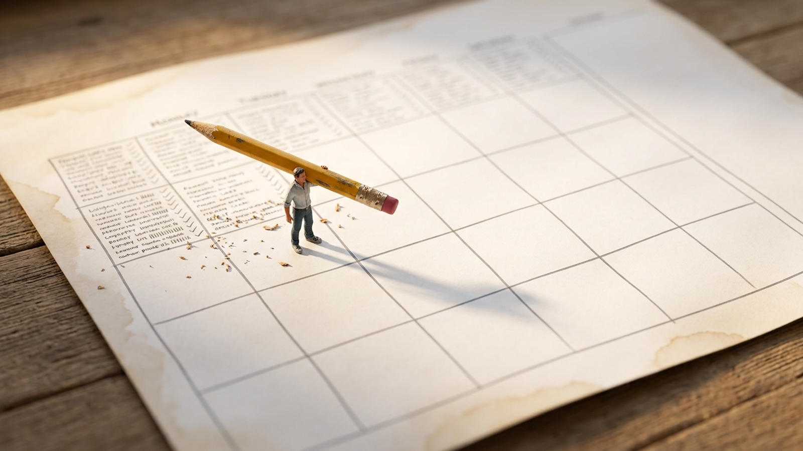 A tiny figure carries one giant worn pencil across a huge paper calendar, the first week filled with handwritten lists and the rest still blank.