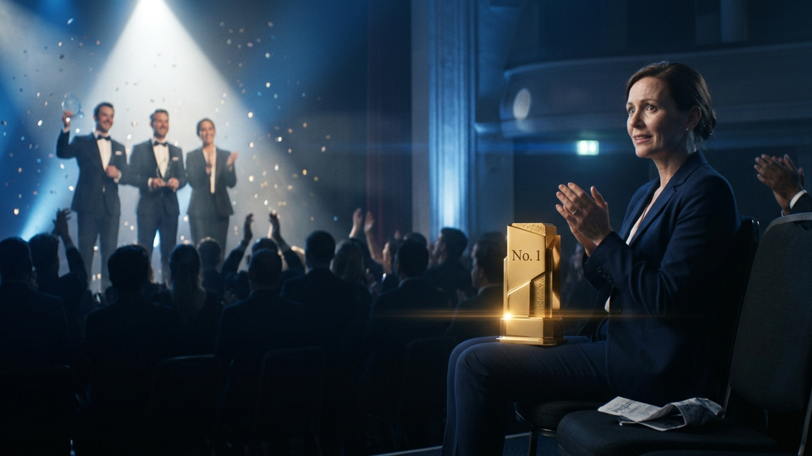 At an awards gala, a founder clutches a gold No. 1 trophy in the dark audience while three other winners are celebrated on stage, unnamed despite her ranking.