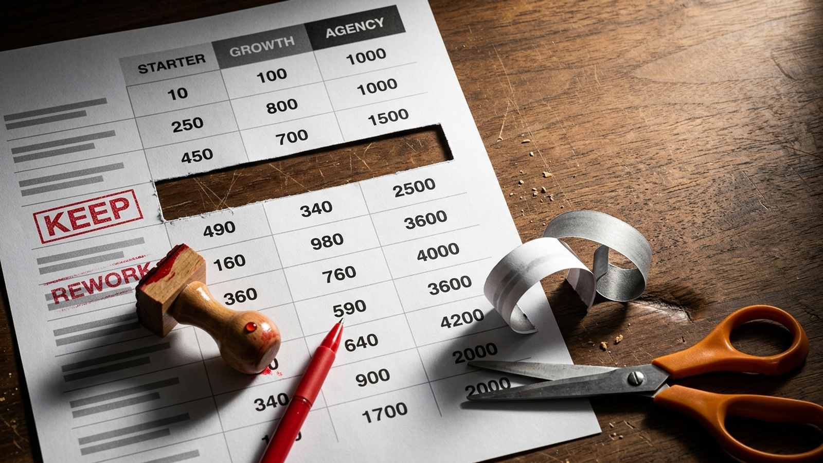 A white-label SEO price sheet stamped KEEP and REWORK in red, with one row cut out by scissors lying beside it, grading the package line by line.