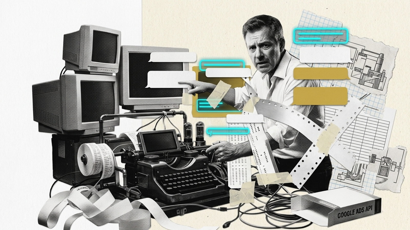 Collage of an editor tangled in API code, spreadsheet grids, and chat interfaces.