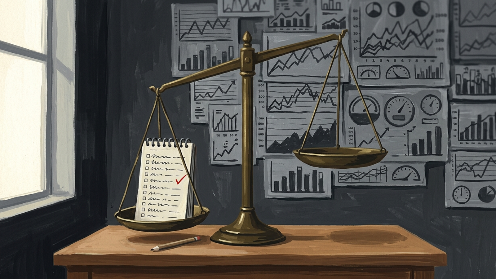 A tiny paper checklist labeled 20 prompts balancing against a giant wall of charts