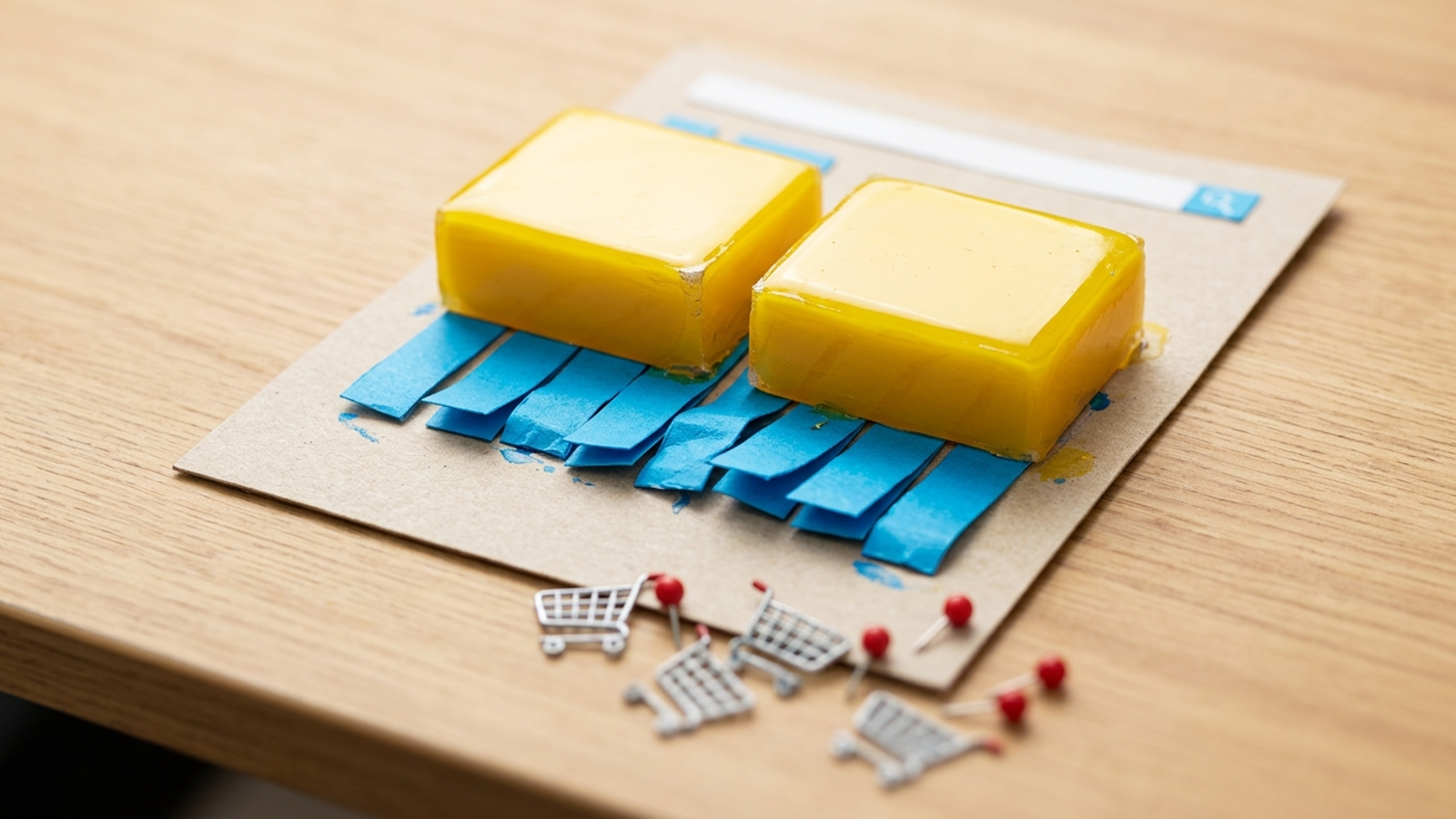 Handmade model of a search results page squeezed by large ad blocks