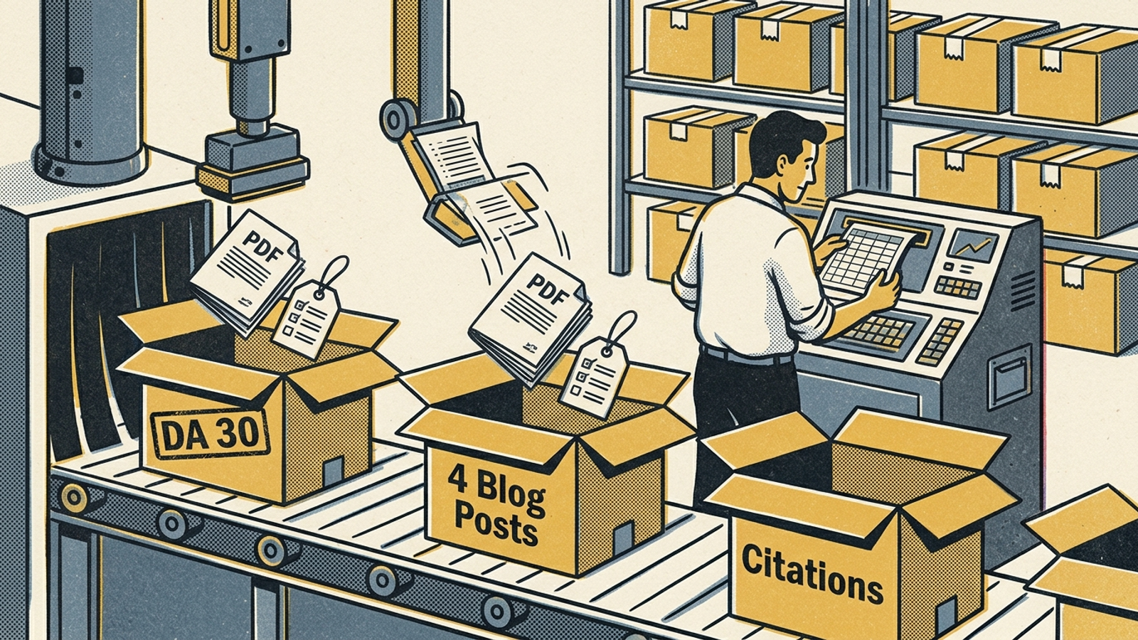 An assembly line boxing up SEO reports and Domain Authority tags.
