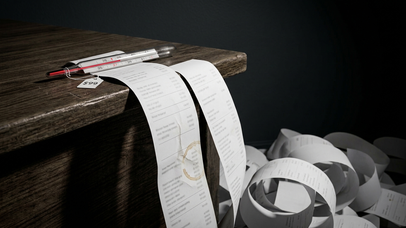 A tiny $99 thermometer sits atop an endless receipt spilling off a desk, suggesting the tracker is the smallest part of the AI visibility bill.
