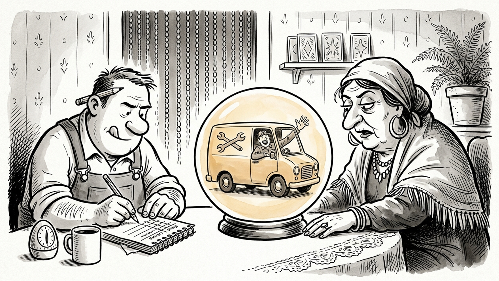 Cartoon: a fortune teller's crystal ball shows a rival plumber's van while the overlooked plumber calmly logs it all in a notebook beside an egg timer.