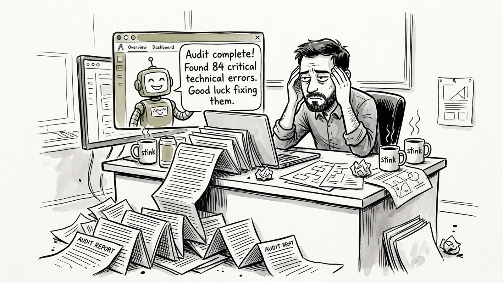 A tired manager buried under a dashboard tool’s paper audit.