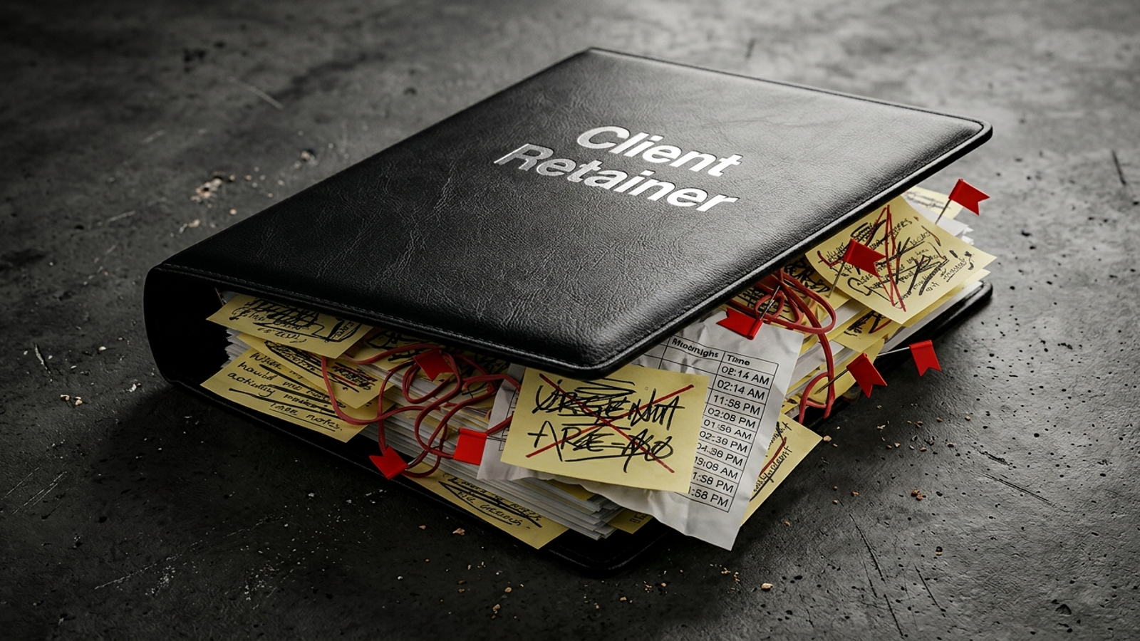 An agency presentation folder opens to reveal crumpled timesheets, midnight warning notes, and red rubber bands.