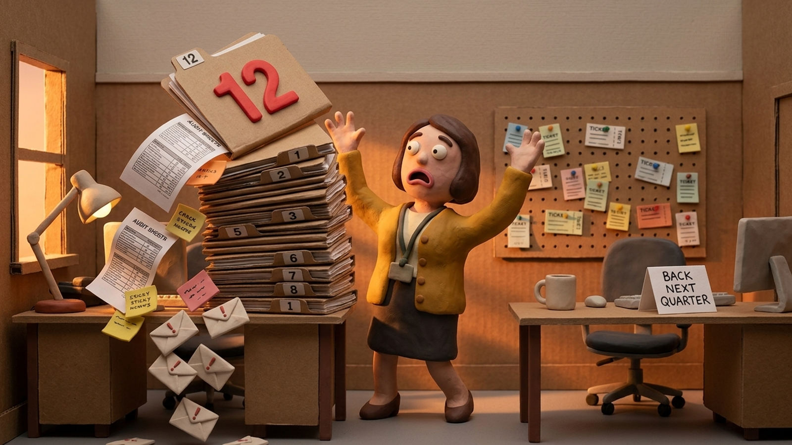 Clay account manager struggles to hold up a toppling stack of client folders as #12 lands, beside an empty developer desk marked 'Back next quarter'.