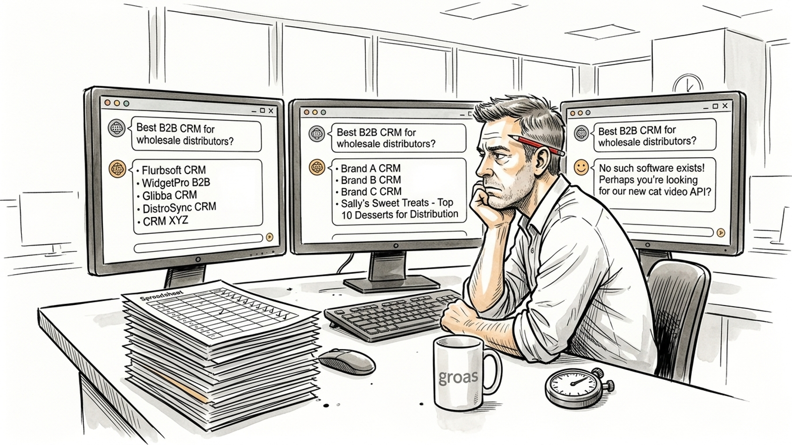 Ink cartoon of a researcher comparing different AI answers on three monitors