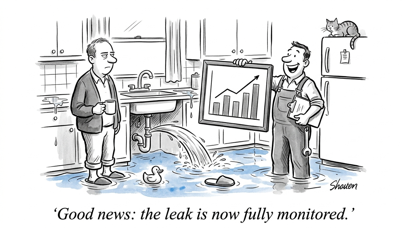Cartoon of a contractor proudly showing a chart of a leak to a homeowner standing in a flooded kitchen: monitoring a problem isn't fixing it.