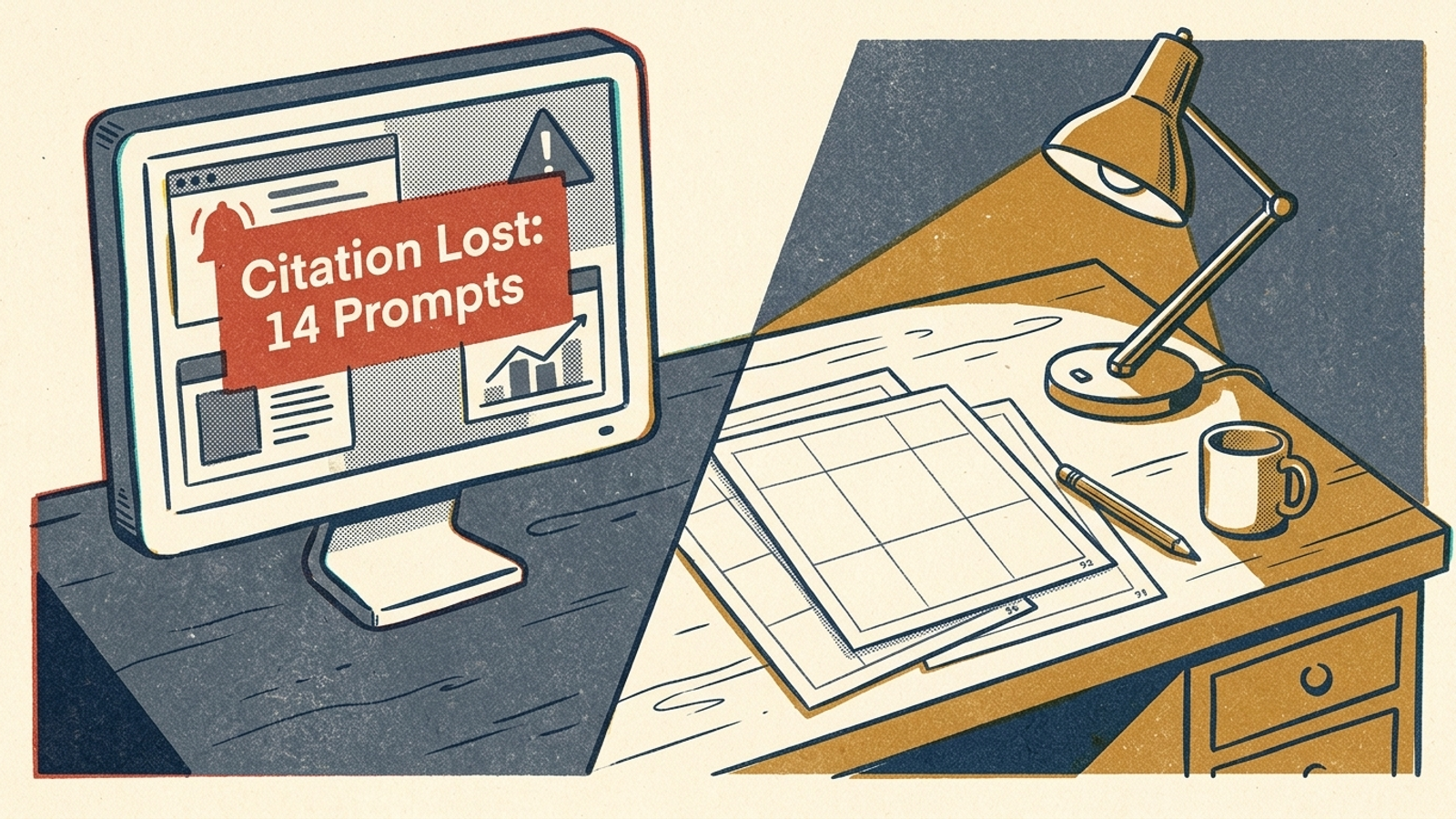 A monitor flags a lost citation beside an empty desk covered with blank papers.