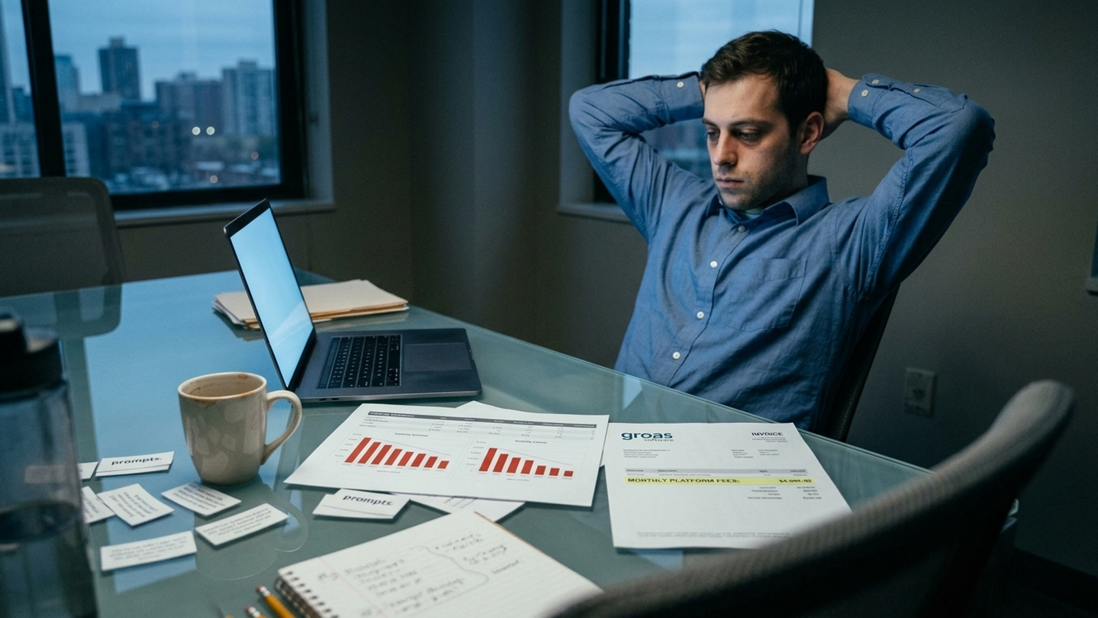 An agency executive reviews an invoice beside a thin PDF report on a boardroom table.