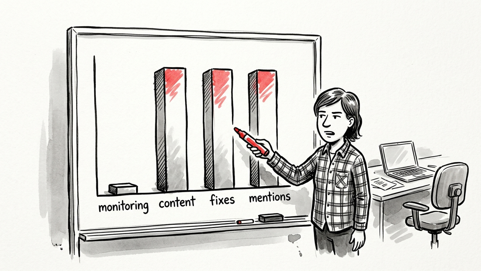 Small monitoring-cost bar beside taller content, technical, and off-site cost bars