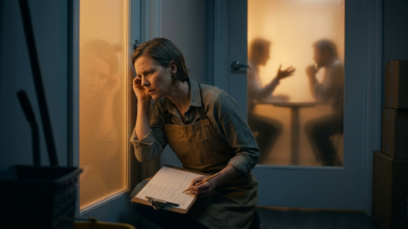 A business owner presses her ear to a glowing frosted door, pencil poised over a score sheet, eavesdropping on what's said about her brand.