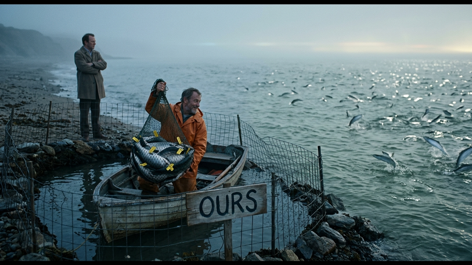 A fisherman proudly hauls tagged fish from a tiny fenced pond of his client's own stock, while the open sea full of wild fish lies untouched behind him.