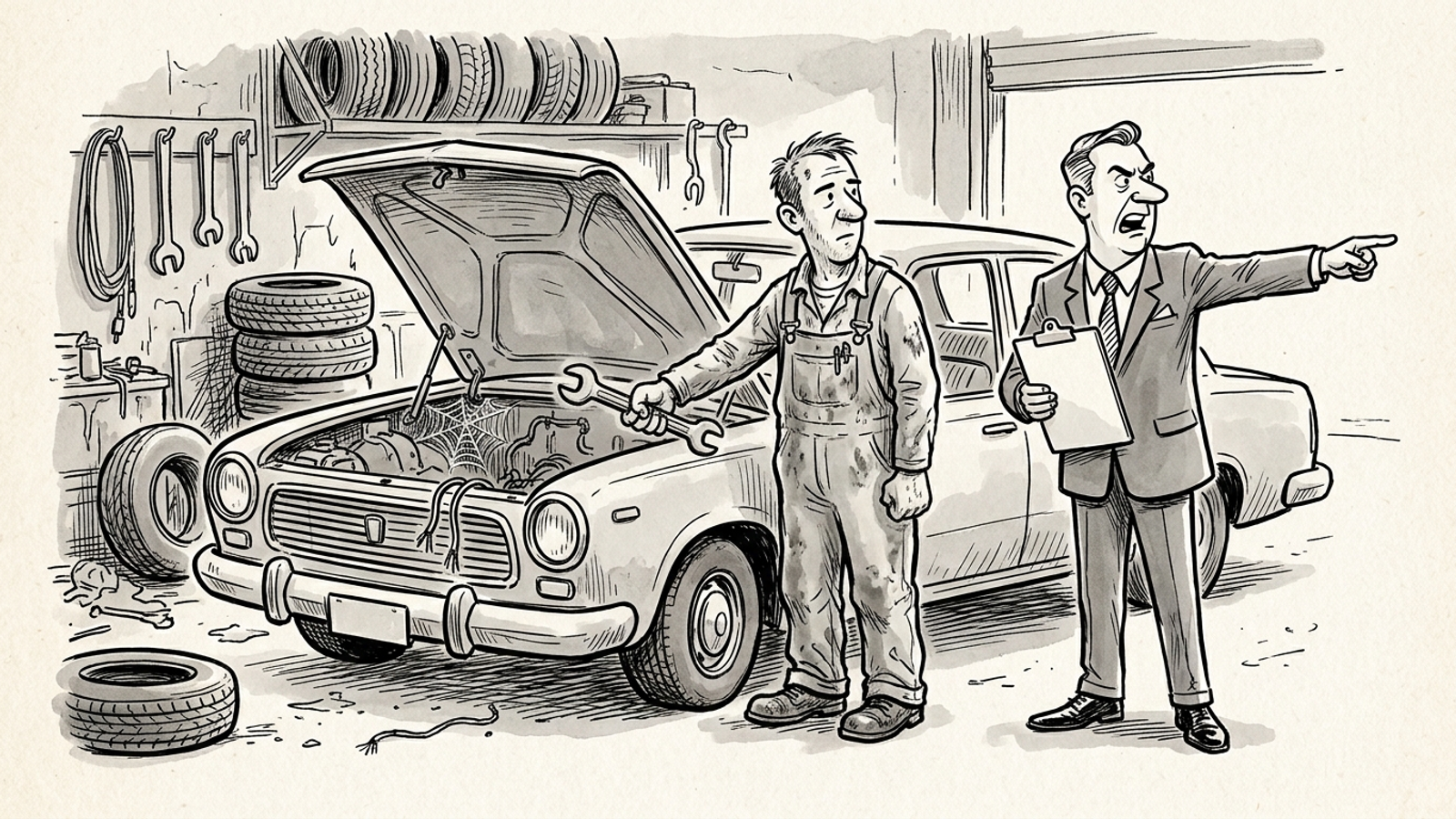 Cartoon of a mechanic beside a car without an engine as its owner demands a speed guarantee.