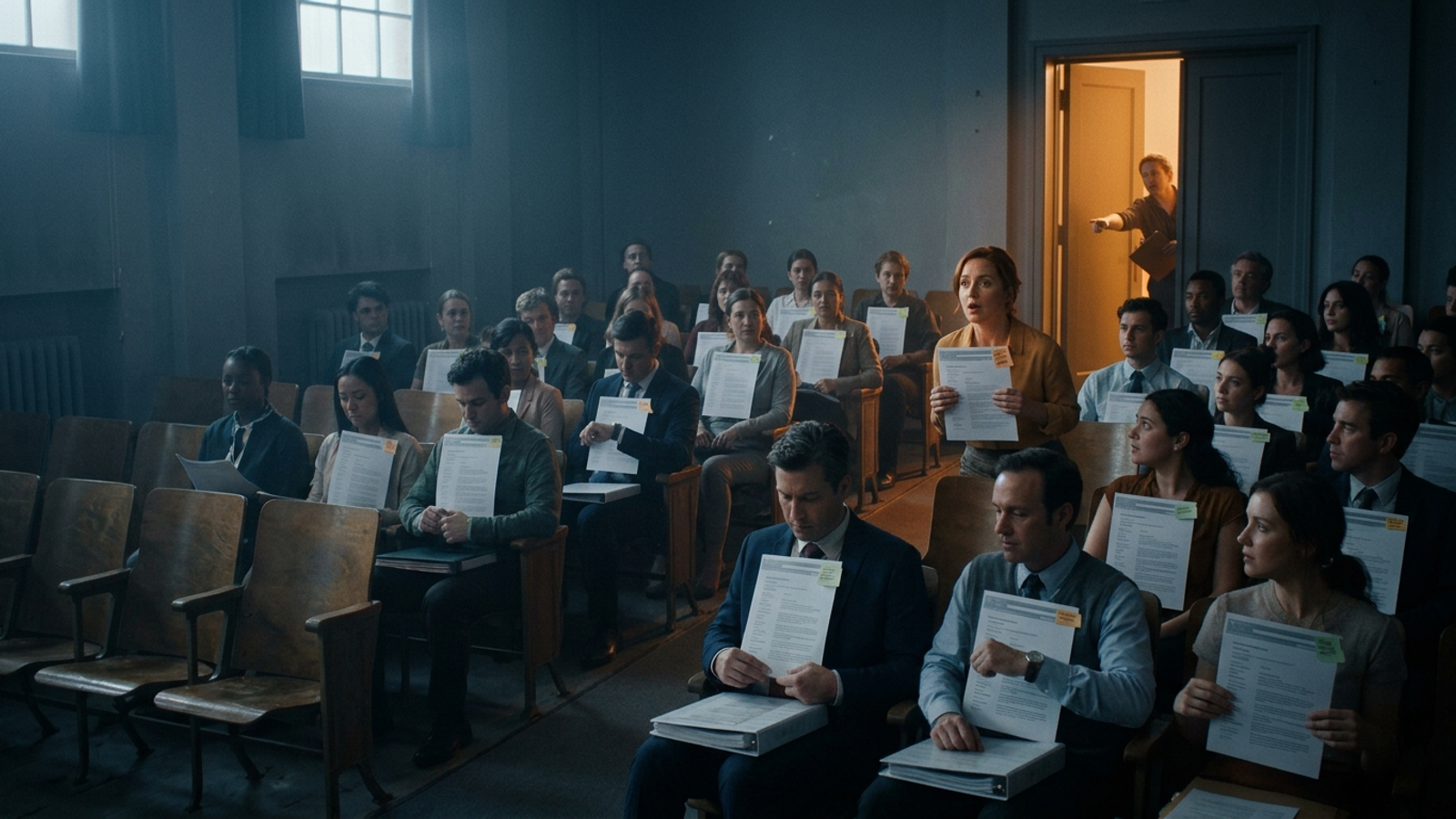 A crowded audition hall of hopefuls holding web pages, where only one is called through the lit door, showing that being crawled isn't being cited.
