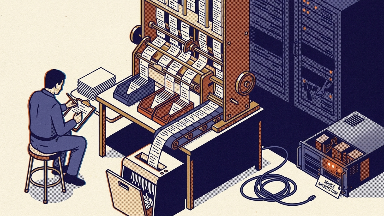 Editorial illustration of prompt cards moving along a conveyor belt toward a shredder beside an unplugged server.