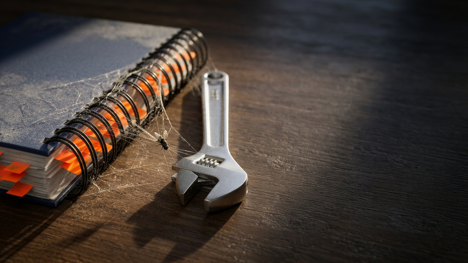 A dusty, untouched audit report bristling with sticky tabs, linked by a cobweb to an unused wrench, suggesting the audit found problems but nothing got fixed.
