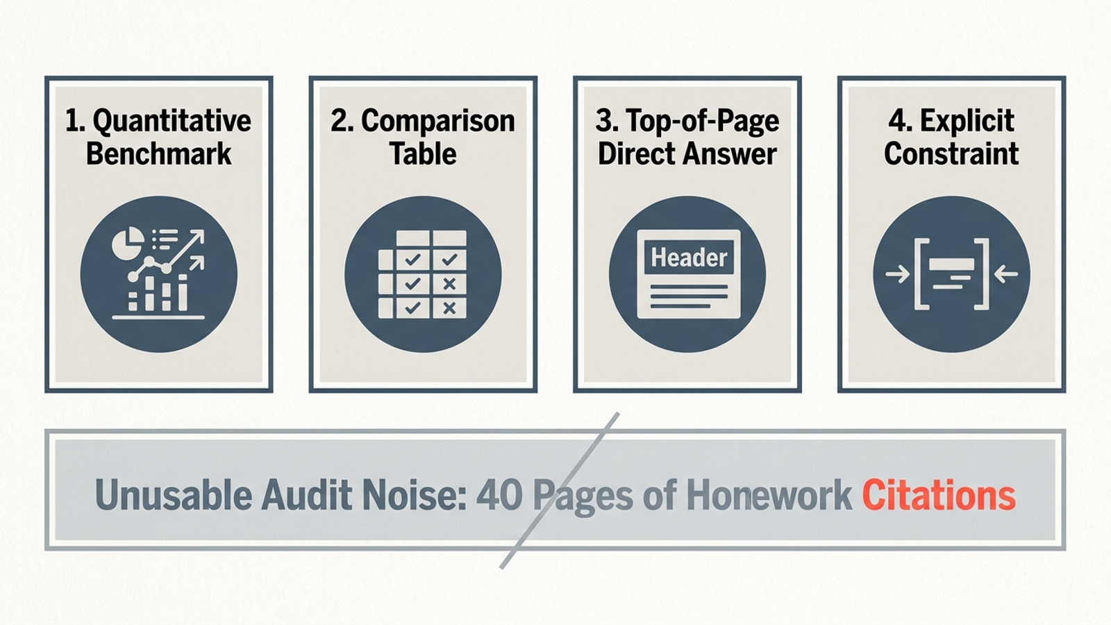 A comparison card separates four actionable row types from the noise in a standard audit.