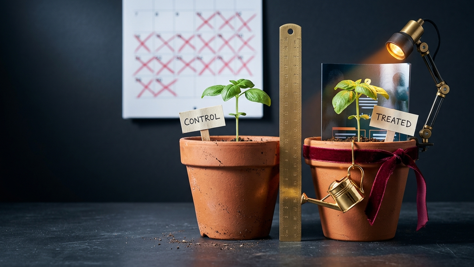 Two basil seedlings labelled control and treated grow to the same height, though the treated pot is pampered with gold watering can, ribbon and spotlight.