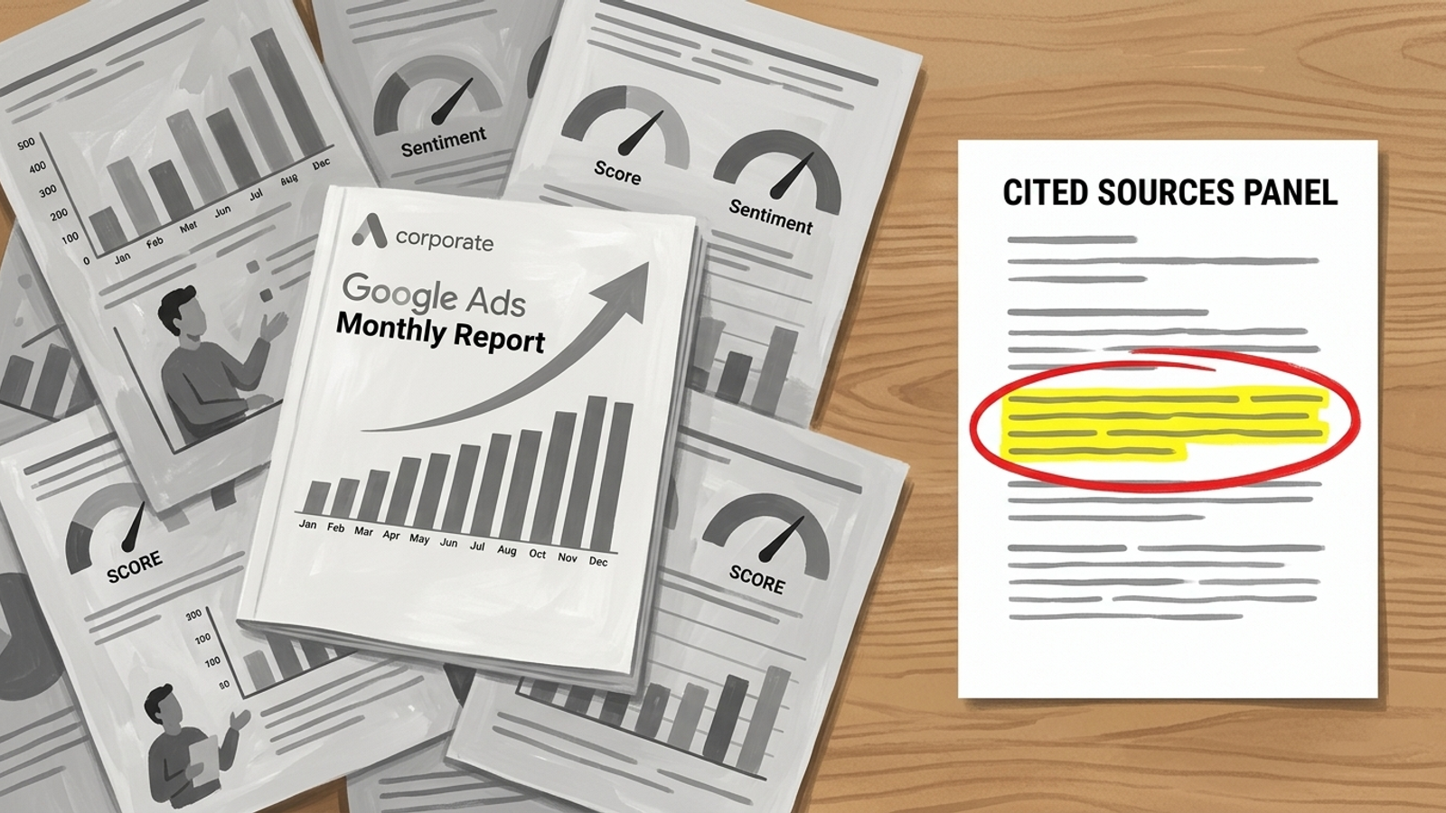 Seven report panels beside a highlighted page marked for a fix